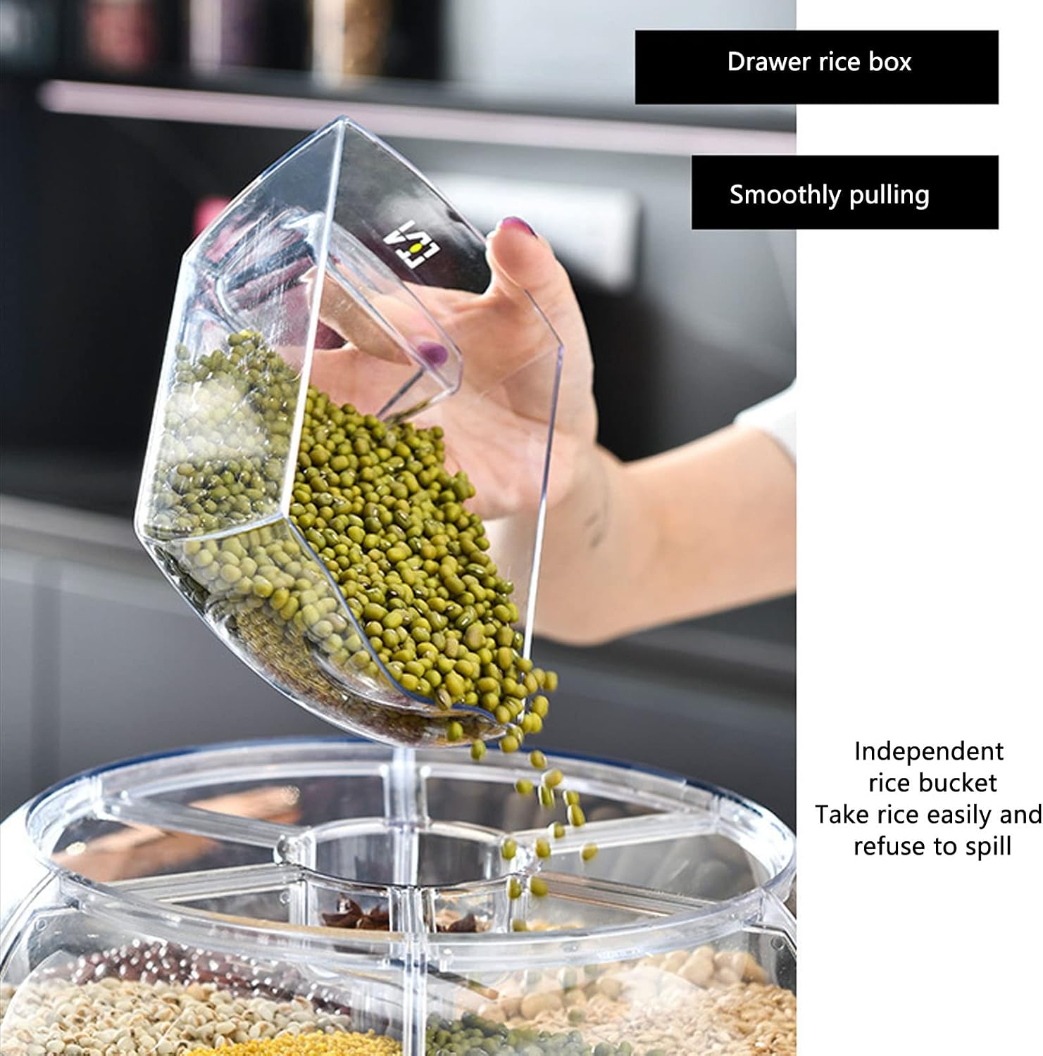 BuzyBe Wall-Mounted 6-Grid Dry Food Dispenser, 360° Rotating Grain & Cereal Storage Container with One-Press Portion Control, Clear Sealed Food Organizer for Rice, Grains, Snacks & Coffee BuzyBe