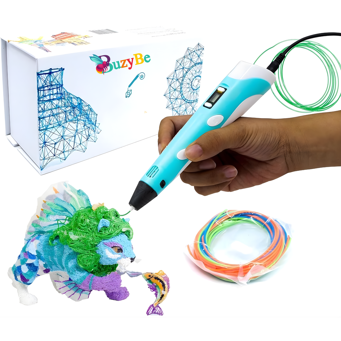 BuzyBe 3D Printing Pen with LCD Display for Kids & Adults – DIY Arts & Crafts Tool with 3 PLA Filaments, Stencil Book & Guide – Safe 3D Pen for Kids, Fun Magic Pen for Creative Projects & Learning BuzyBe