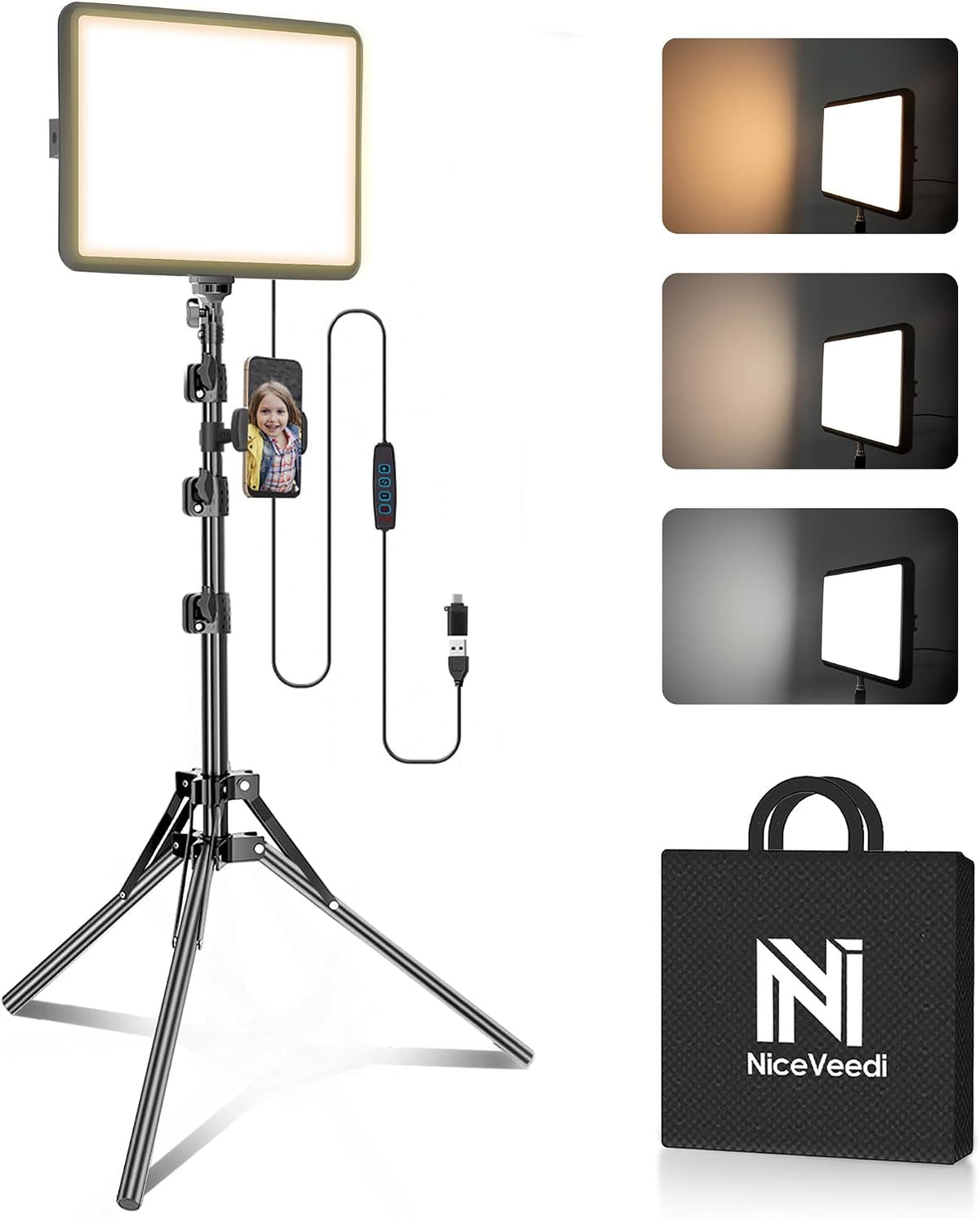 NiceVeedi 1-Pack LED Video Light Kit, Photography Lighting Kit, 2800-6500K Dimmable Studio Light with Tripod Stand & Phone Holder, 73" Stream Light for Video Recording, Game Streaming, YouTube buzybe
