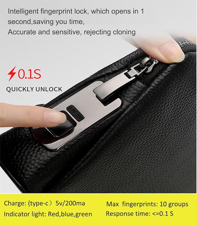 Welaso Fingerprint Lock Leather Handbag,Anti Theft Waterproof Genuine Leather Clutch Bag Wallet for Man Woman buzybe