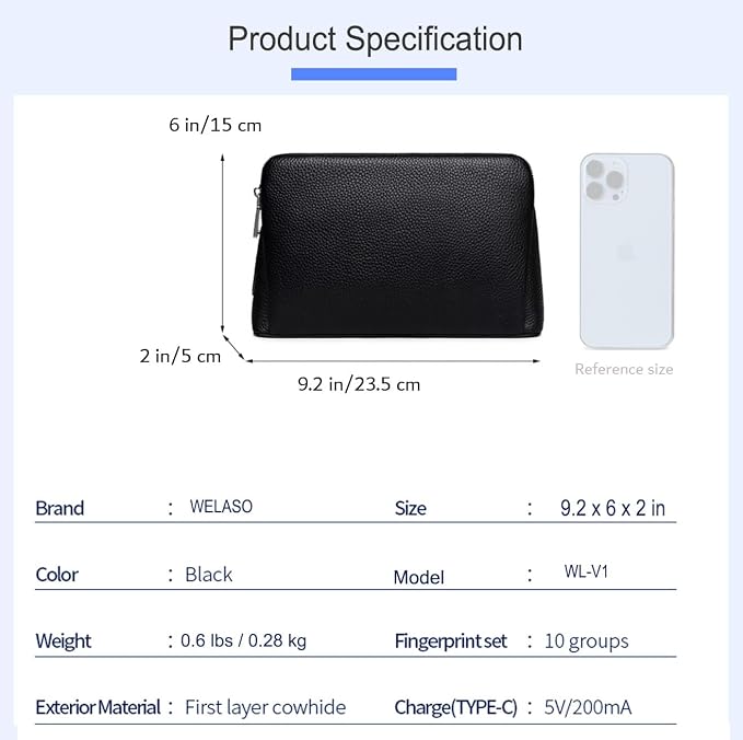 Welaso Fingerprint Lock Leather Handbag,Anti Theft Waterproof Genuine Leather Clutch Bag Wallet for Man Woman buzybe