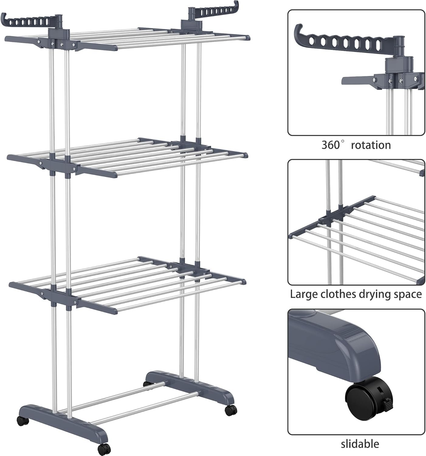 BuzyBe Airer Clothes Drying Rack,4-Tier Foldable Clothes Hanger Adjustable Large Stainless Steel Garment Laundry Racks for Indoor Outdoor
