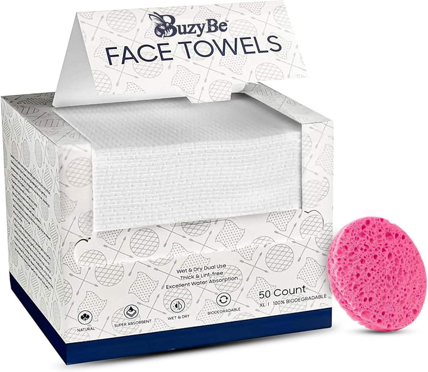 BuzyBe 50 Pcs Disposable Face Towels | 100% Biodegradable Dry Facial Wipes | Ultra Soft & Absorbent Cleansing Towels for Face & Hands | Makeup Removal & Travel Towels with Facial Sponge