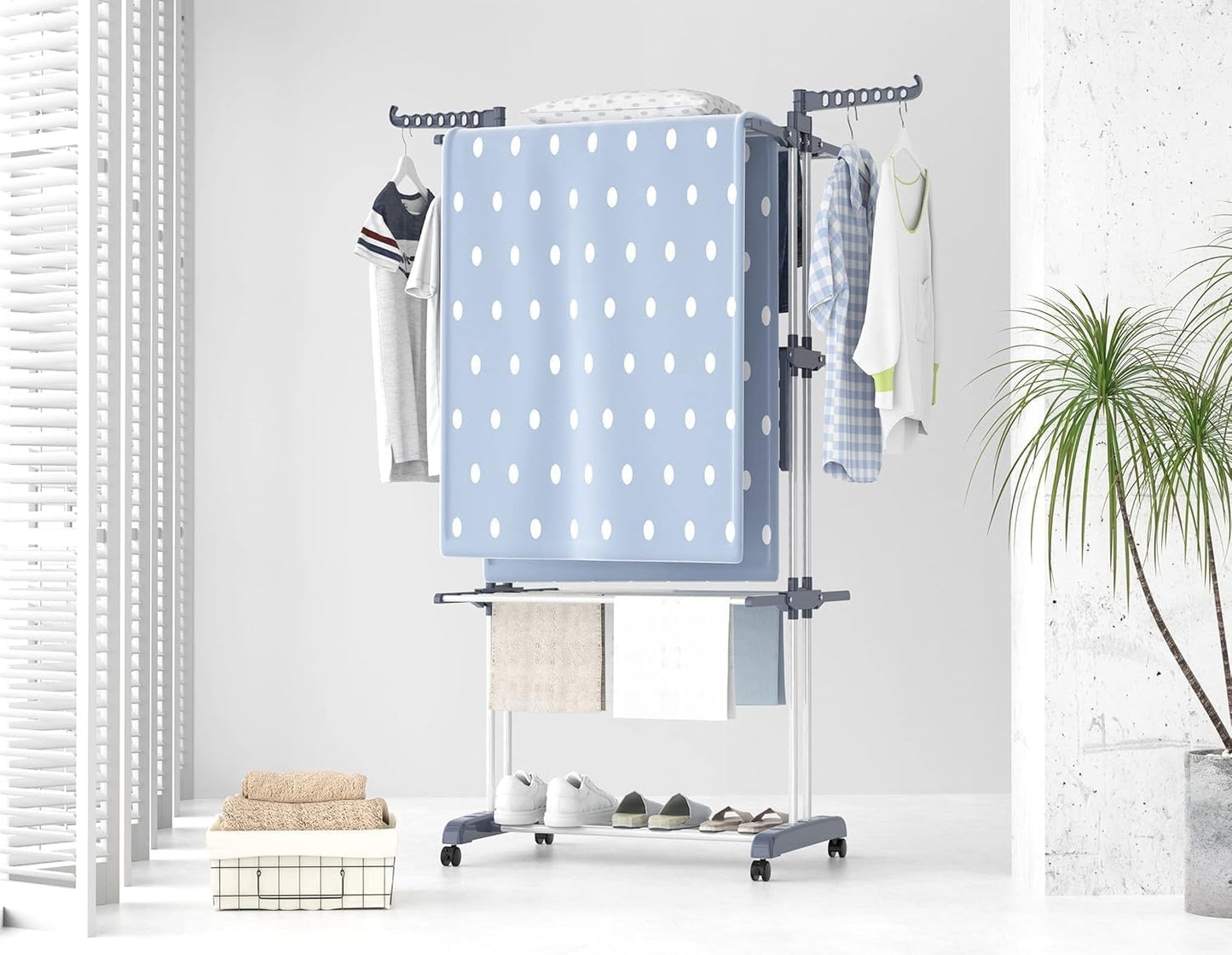 BuzyBe Airer Clothes Drying Rack,4-Tier Foldable Clothes Hanger Adjustable Large Stainless Steel Garment Laundry Racks for Indoor Outdoor