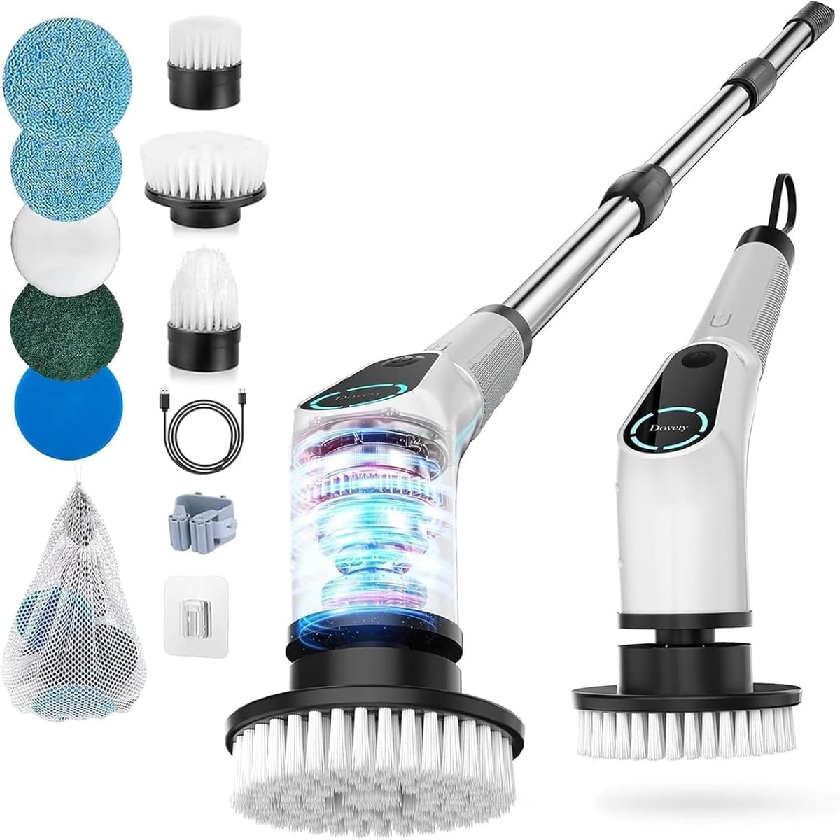 Dovety Electric Spin Scrubber, Cordless Cleaning Brush, Shower Scrubber with 8 Replaceable Brush Head, Power Cleaning Brush with Extension Handle, 2 Adjustable Speed, for Bathtub Grout Tile Floor buzybe