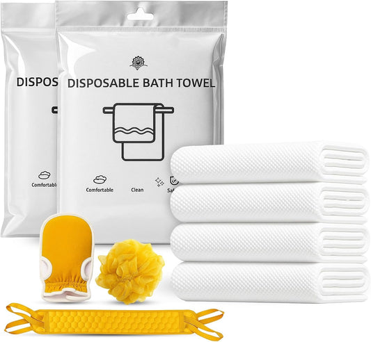 BuzyBe Disposable Bath Towels 10 Pack with Body Scrubber Set | Super Soft & Highly Absorbent | Individually Packed Shower Towels for Travel, Gym, Spa, Hotel, Camping & Sports (70 x 140 cm)