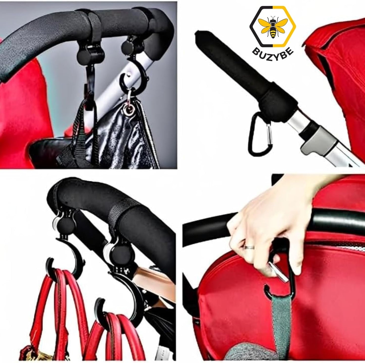 𝐁𝐮𝐳𝐲𝐁𝐞 Baby Stroller Hooks For Hanging Diaper Bags - 4 Pcs Heavy Duty 360° Rotatable Hooks for Shopping Bag, Purses, Clothing, Grocery and Accessories - 2 Premium Leather Hook + 2 Sturdy Metal