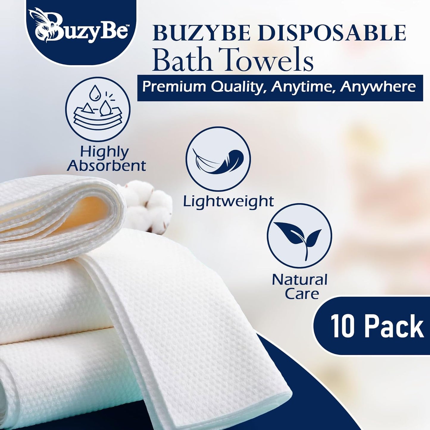 BuzyBe Disposable Bath Towels 10 Pack with Body Scrubber Set | Super Soft & Highly Absorbent | Individually Packed Shower Towels for Travel, Gym, Spa, Hotel, Camping & Sports (70 x 140 cm)