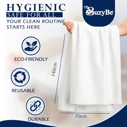 BuzyBe Disposable Bath Towels 10 Pack with Body Scrubber Set | Super Soft & Highly Absorbent | Individually Packed Shower Towels for Travel, Gym, Spa, Hotel, Camping & Sports (70 x 140 cm)