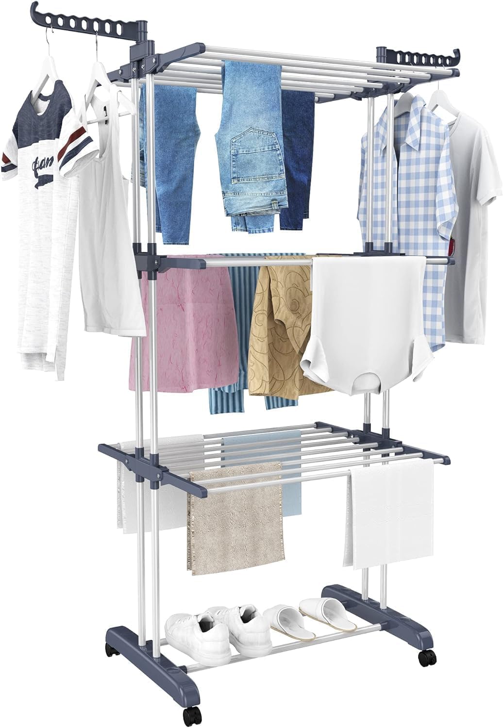 BuzyBe Airer Clothes Drying Rack,4-Tier Foldable Clothes Hanger Adjustable Large Stainless Steel Garment Laundry Racks for Indoor Outdoor BuzyBe
