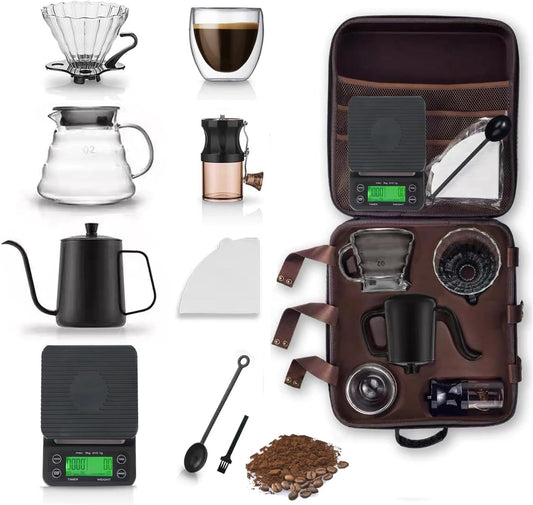 BuzyBe Coffee Maker Set 9-Piece V60 Coffee Kit Pour Over with Manual Coffee Grinder, Glass Dripper, Server, Gooseneck Kettle, Digital Scale, Filters & Travel Gift Bag for Home Office Camping