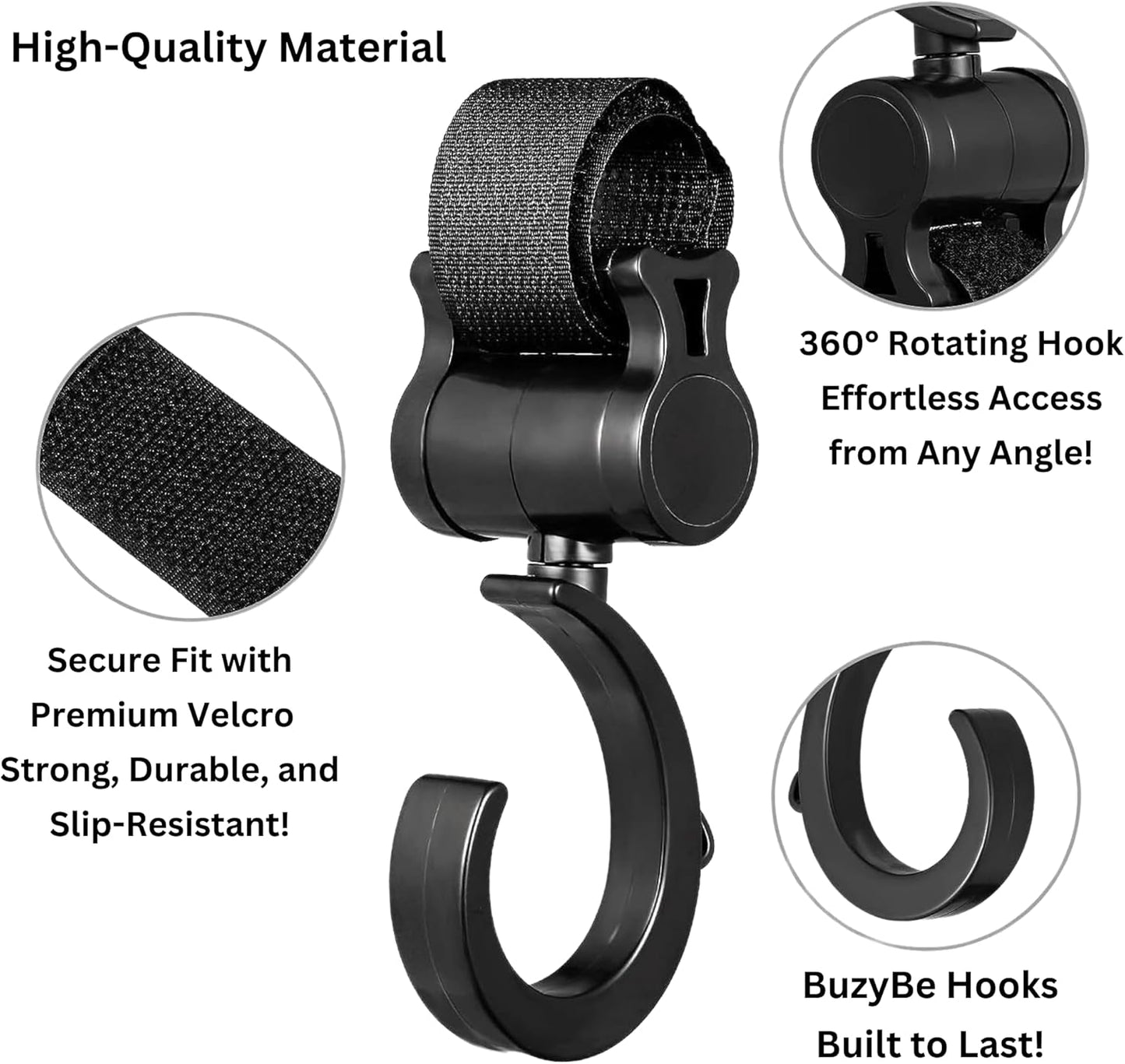 𝐁𝐮𝐳𝐲𝐁𝐞 Baby Stroller Hooks For Hanging Diaper Bags - 4 Pcs Heavy Duty 360° Rotatable Hooks for Shopping Bag, Purses, Clothing, Grocery and Accessories - 2 Premium Leather Hook + 2 Sturdy Metal