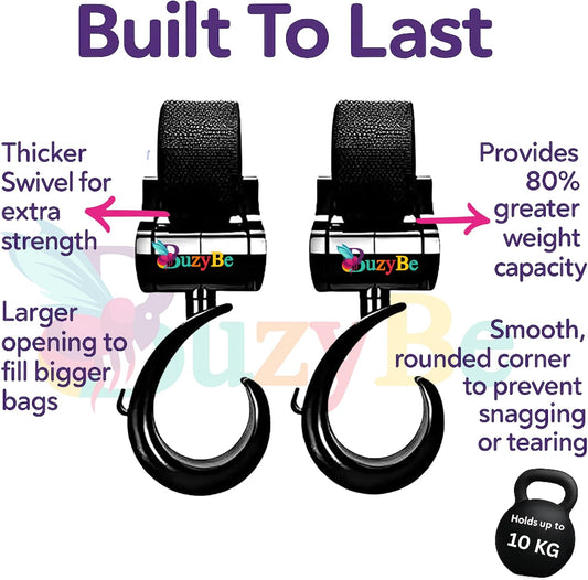 𝐁𝐮𝐳𝐲𝐁𝐞 Baby Stroller Hooks For Hanging Diaper Bags - 4 Pcs Heavy Duty 360° Rotatable Hooks for Shopping Bag, Purses, Clothing, Grocery and Accessories - 2 Premium Leather Hook + 2 Sturdy Metal