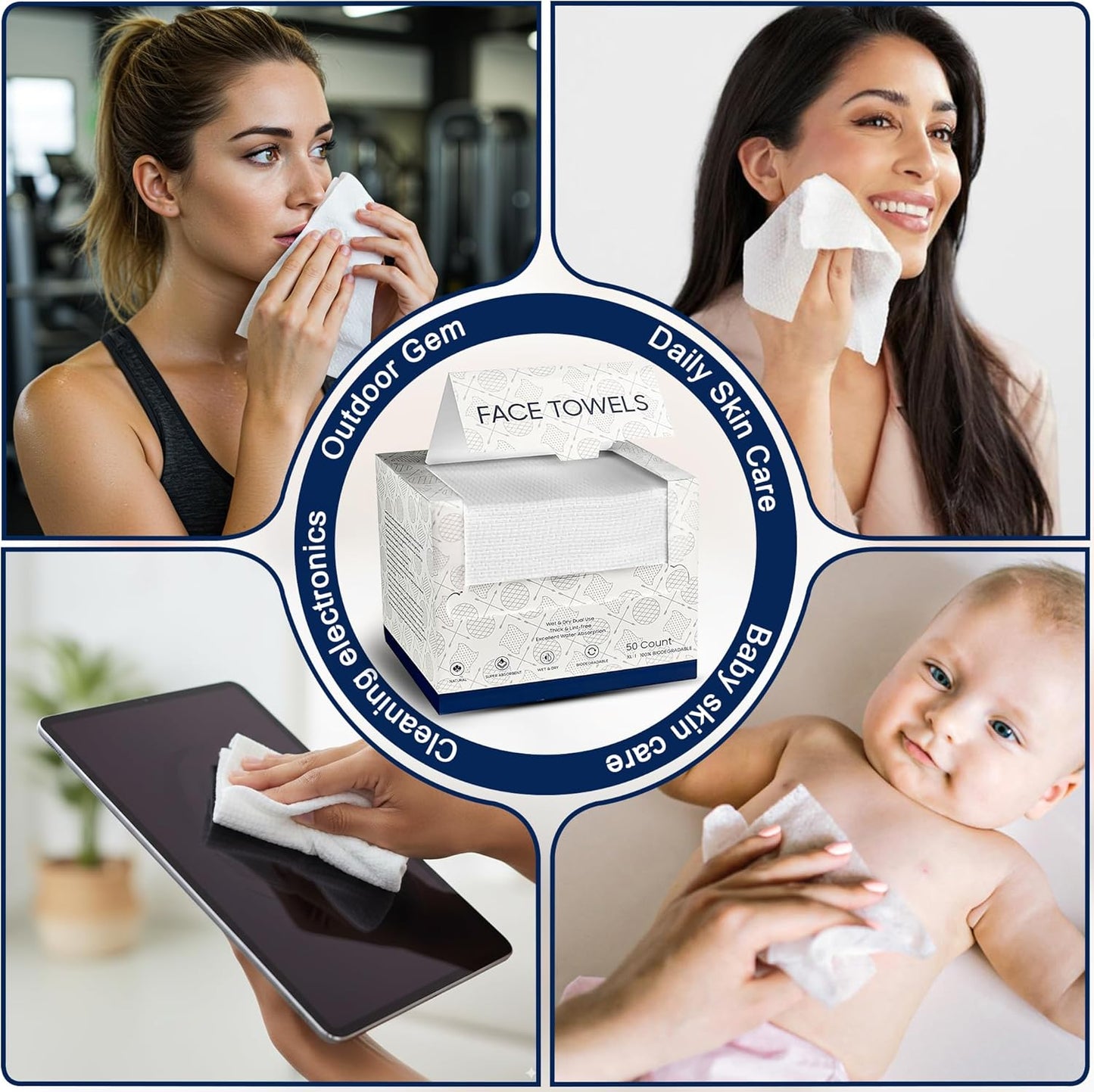 BuzyBe 50 Pcs Disposable Face Towels | 100% Biodegradable Dry Facial Wipes | Ultra Soft & Absorbent Cleansing Towels for Face & Hands | Makeup Removal & Travel Towels with Facial Sponge