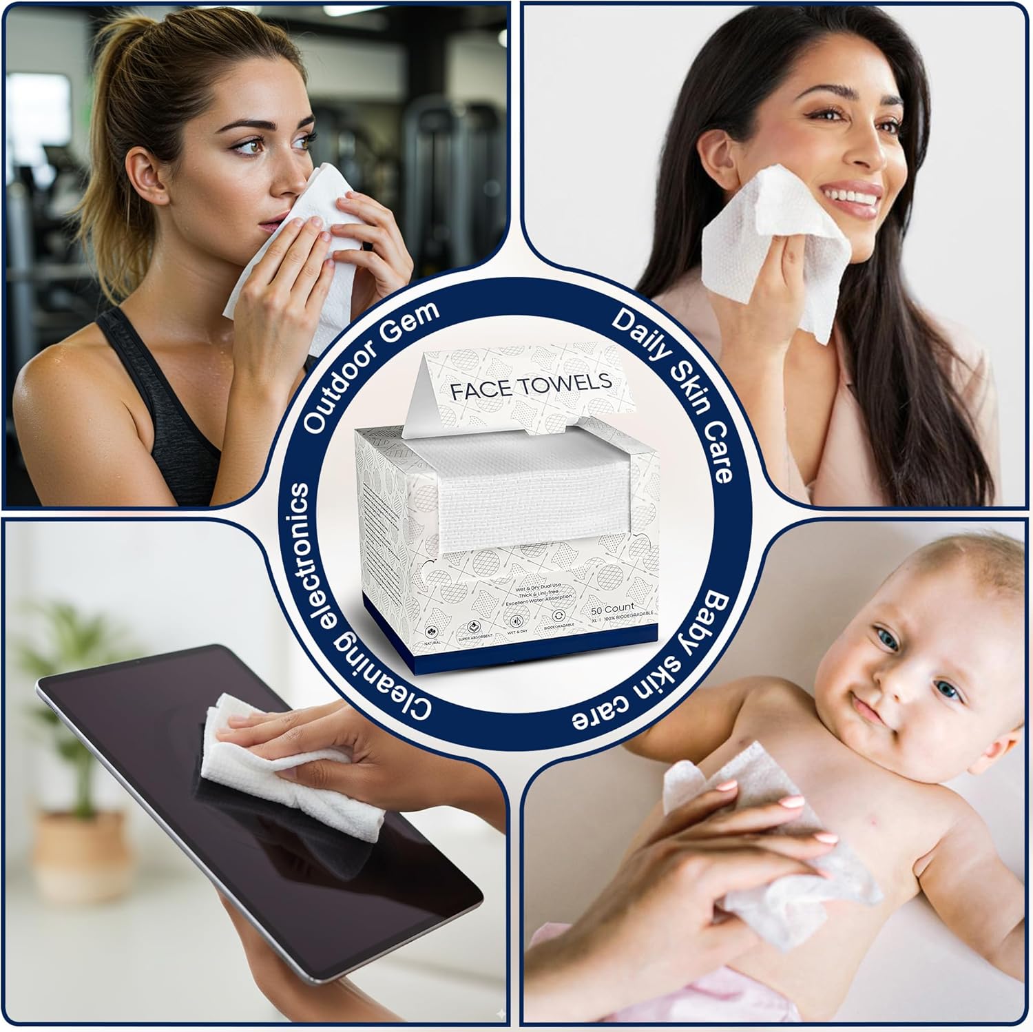 BuzyBe 50 Pcs Disposable Face Towels | 100% Biodegradable Dry Facial Wipes | Ultra Soft & Absorbent Cleansing Towels for Face & Hands | Makeup Removal & Travel Towels with Facial Sponge