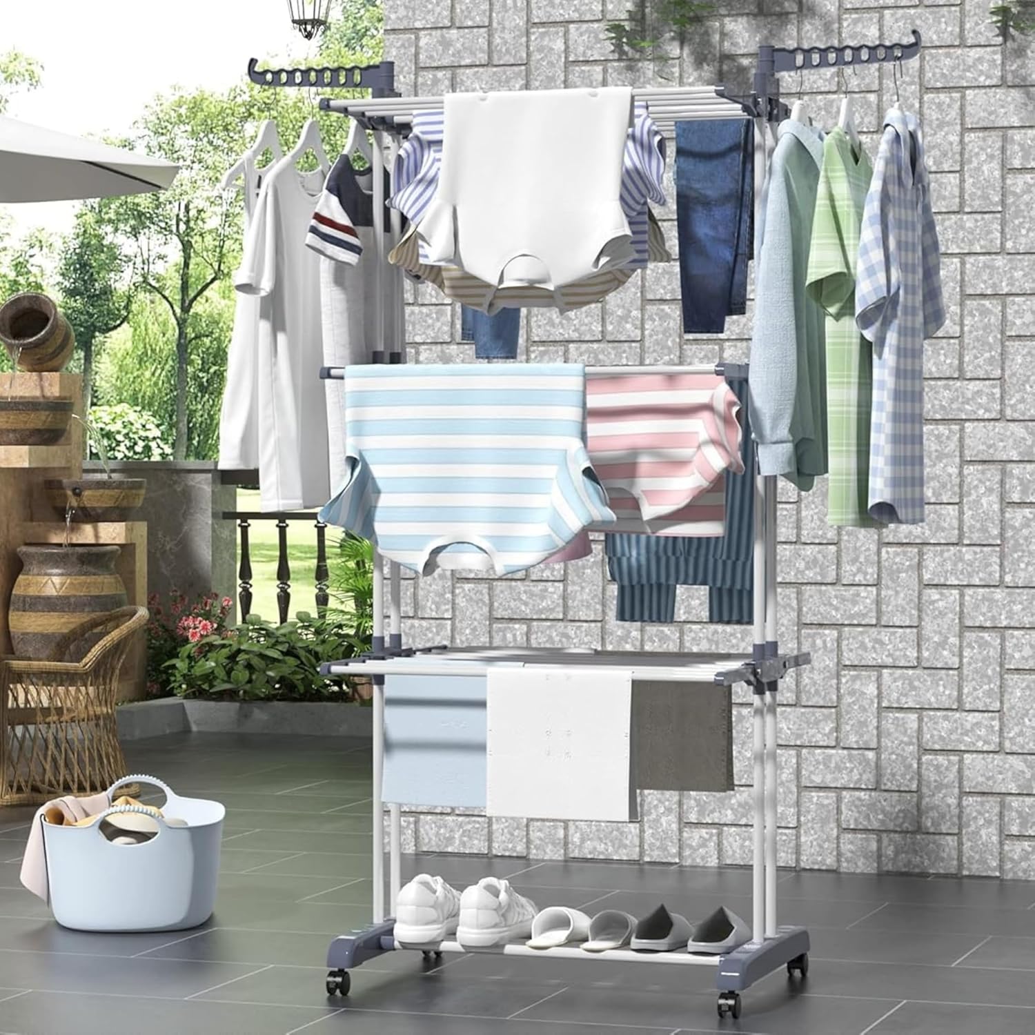 BuzyBe Airer Clothes Drying Rack,4-Tier Foldable Clothes Hanger Adjustable Large Stainless Steel Garment Laundry Racks for Indoor Outdoor BuzyBe