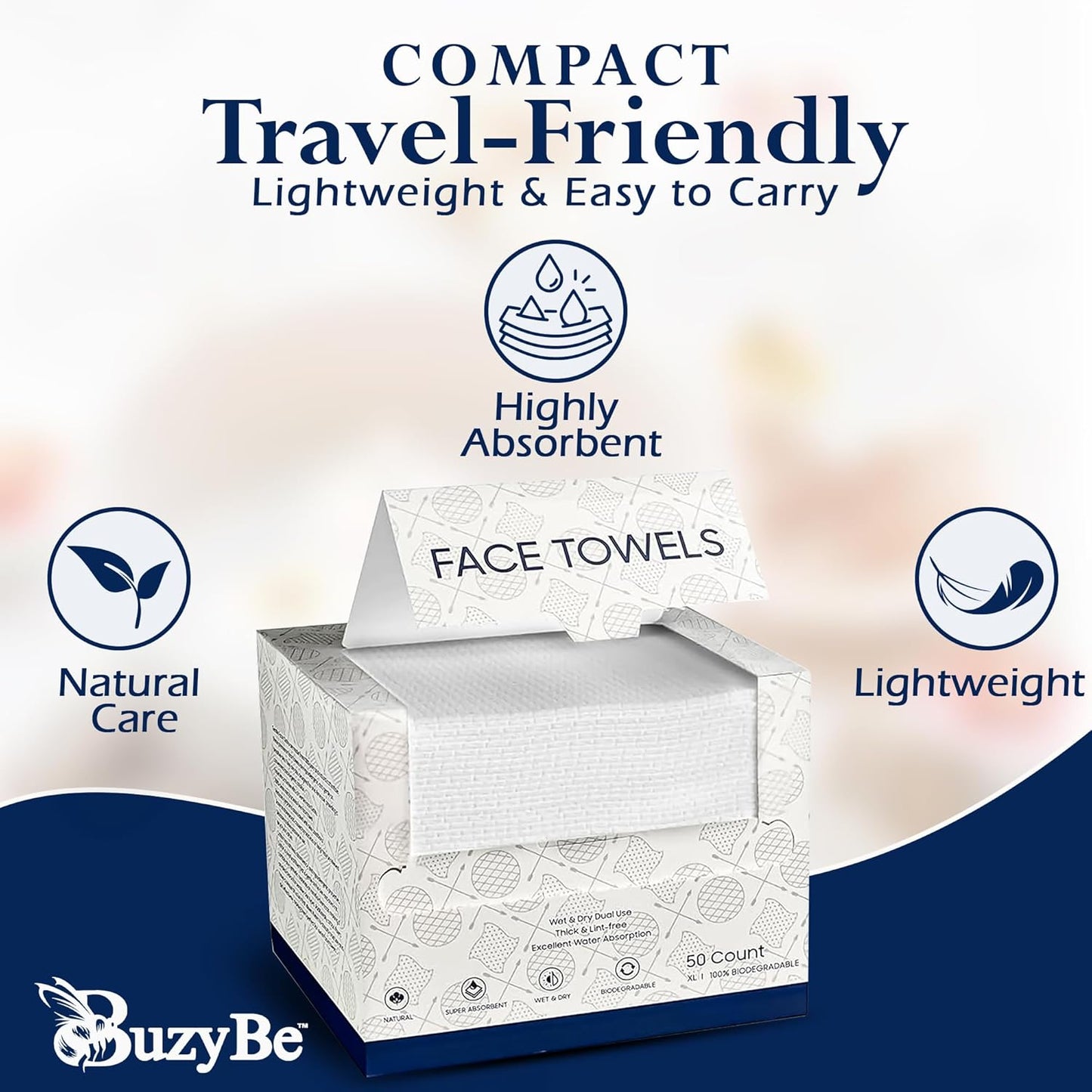BuzyBe 50 Pcs Disposable Face Towels | 100% Biodegradable Dry Facial Wipes | Ultra Soft & Absorbent Cleansing Towels for Face & Hands | Makeup Removal & Travel Towels with Facial Sponge