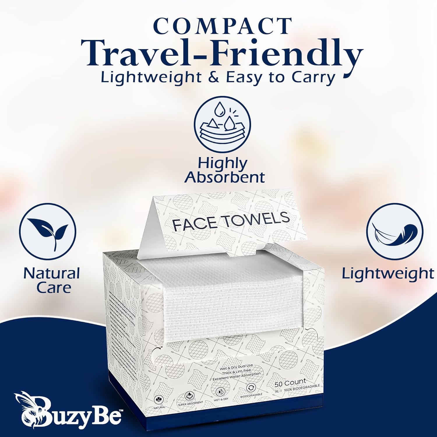 BuzyBe 50 Pcs Disposable Face Towels | 100% Biodegradable Dry Facial Wipes | Ultra Soft & Absorbent Cleansing Towels for Face & Hands | Makeup Removal & Travel Towels with Facial Sponge