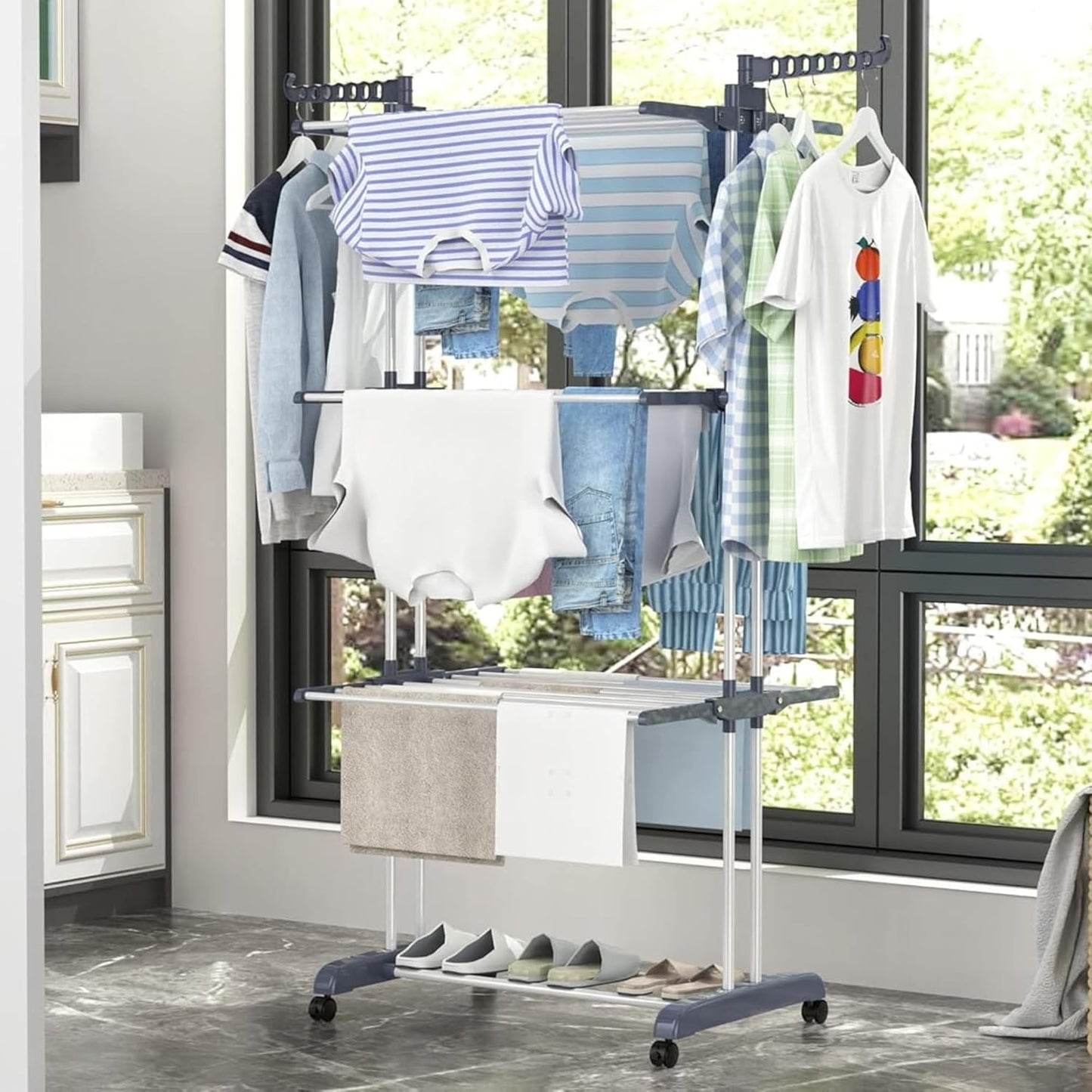 BuzyBe Airer Clothes Drying Rack,4-Tier Foldable Clothes Hanger Adjustable Large Stainless Steel Garment Laundry Racks for Indoor Outdoor