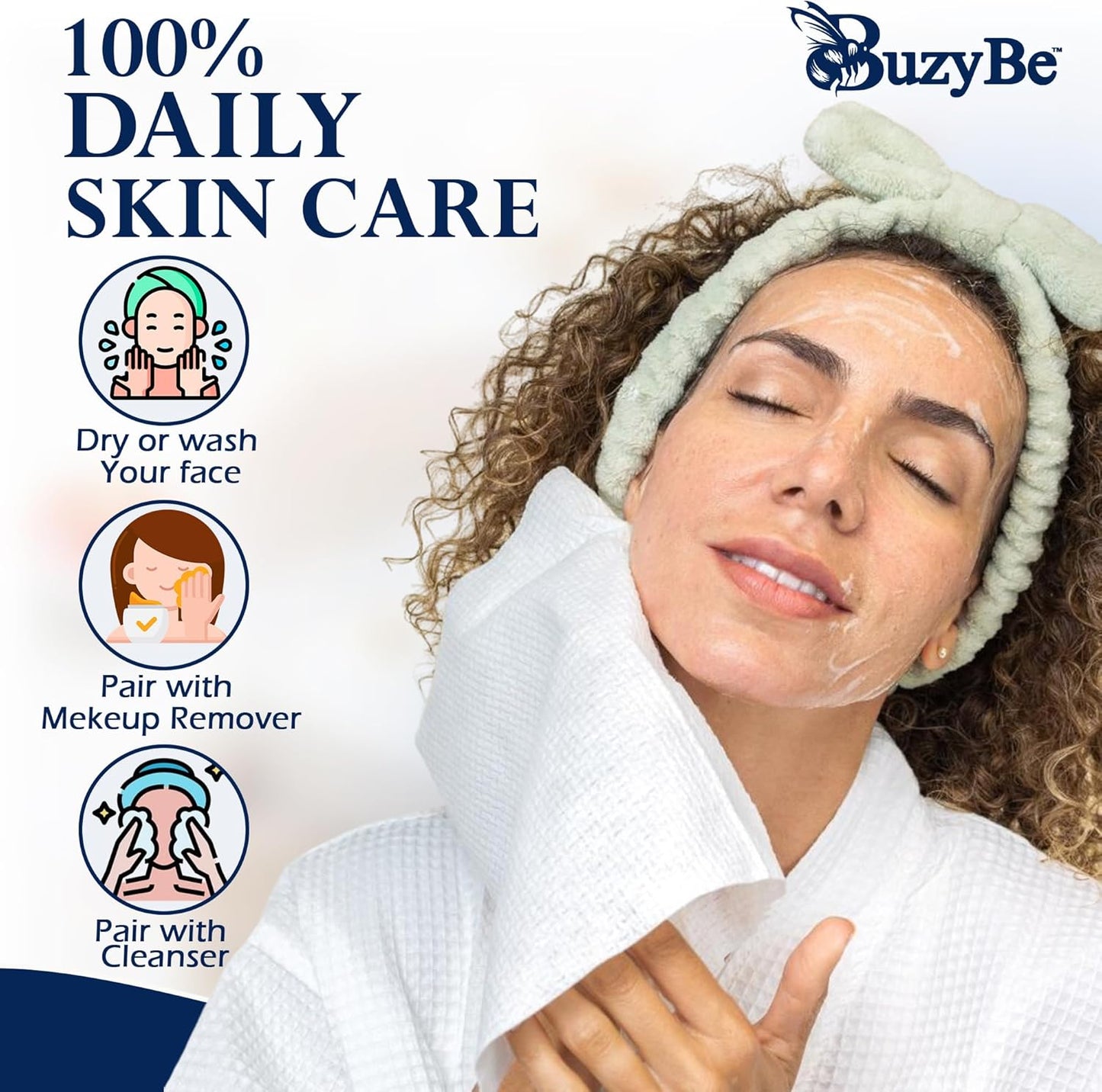BuzyBe 50 Pcs Disposable Face Towels | 100% Biodegradable Dry Facial Wipes | Ultra Soft & Absorbent Cleansing Towels for Face & Hands | Makeup Removal & Travel Towels with Facial Sponge