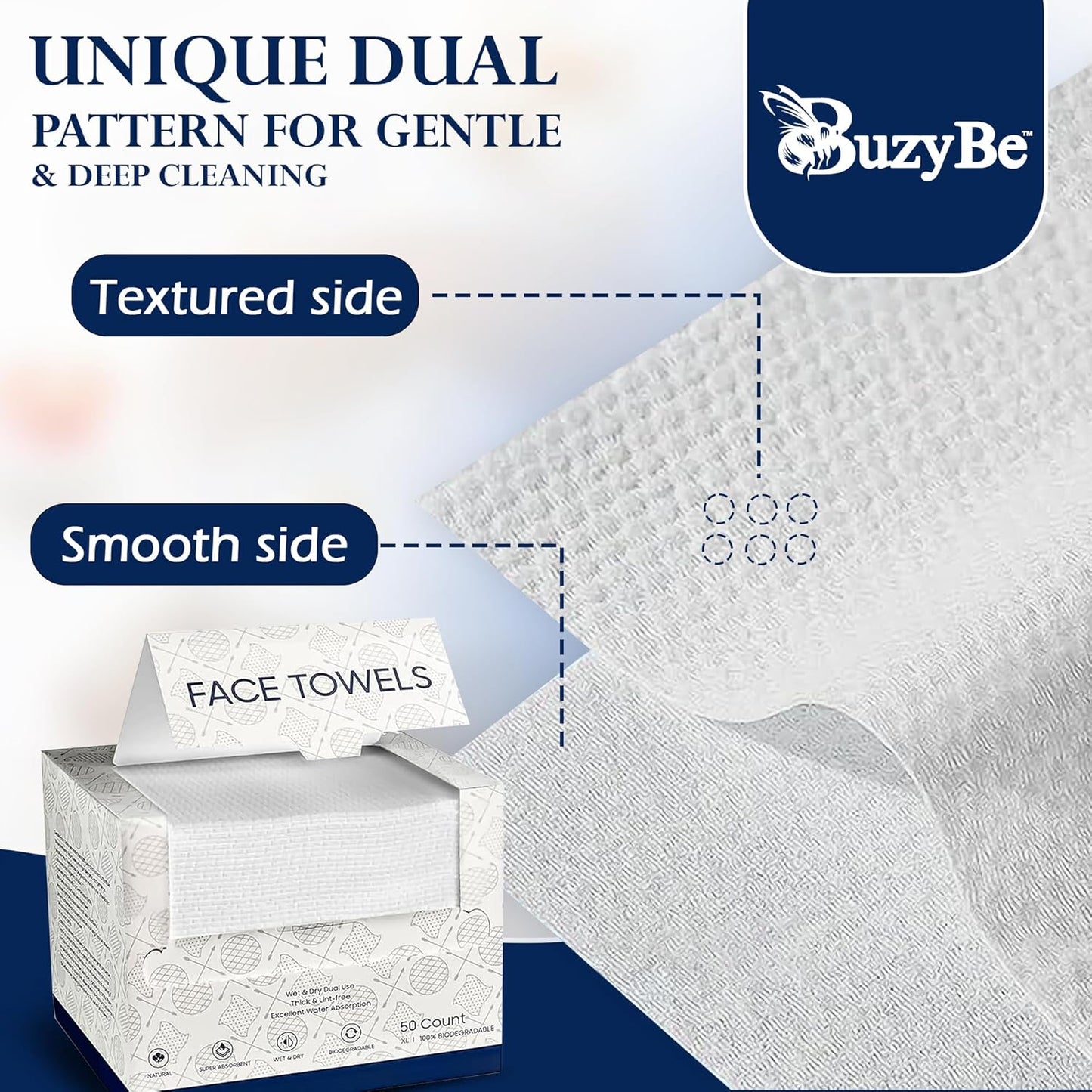 BuzyBe 50 Pcs Disposable Face Towels | 100% Biodegradable Dry Facial Wipes | Ultra Soft & Absorbent Cleansing Towels for Face & Hands | Makeup Removal & Travel Towels with Facial Sponge
