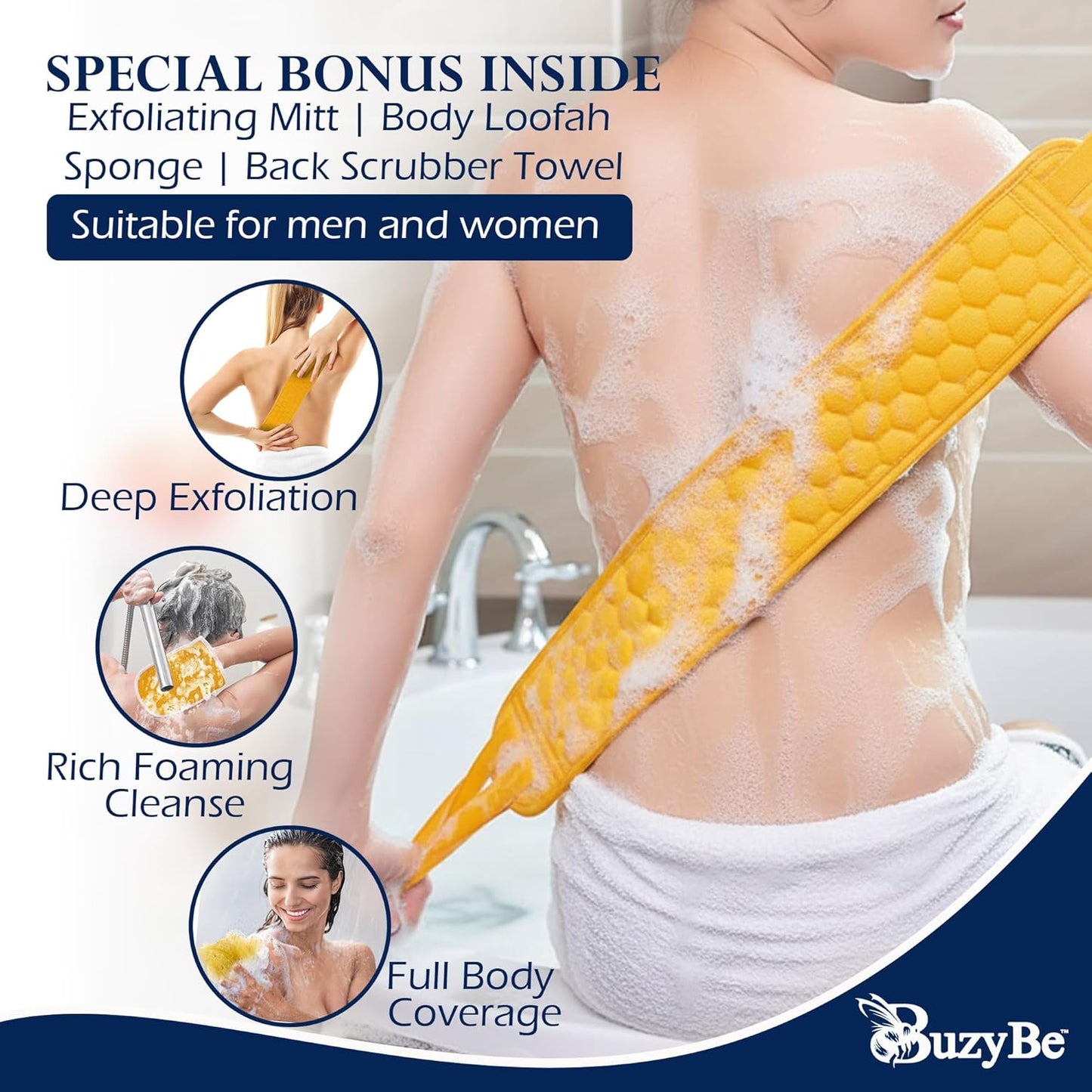 BuzyBe Disposable Bath Towels 10 Pack with Body Scrubber Set | Super Soft & Highly Absorbent | Individually Packed Shower Towels for Travel, Gym, Spa, Hotel, Camping & Sports (70 x 140 cm)