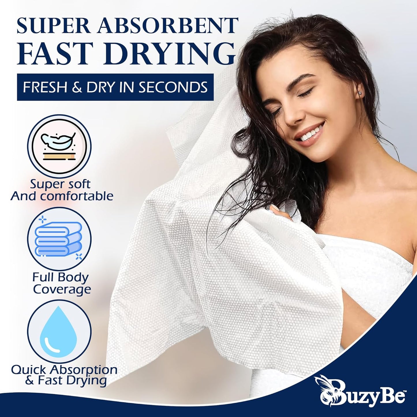 BuzyBe Disposable Bath Towels 10 Pack with Body Scrubber Set | Super Soft & Highly Absorbent | Individually Packed Shower Towels for Travel, Gym, Spa, Hotel, Camping & Sports (70 x 140 cm)