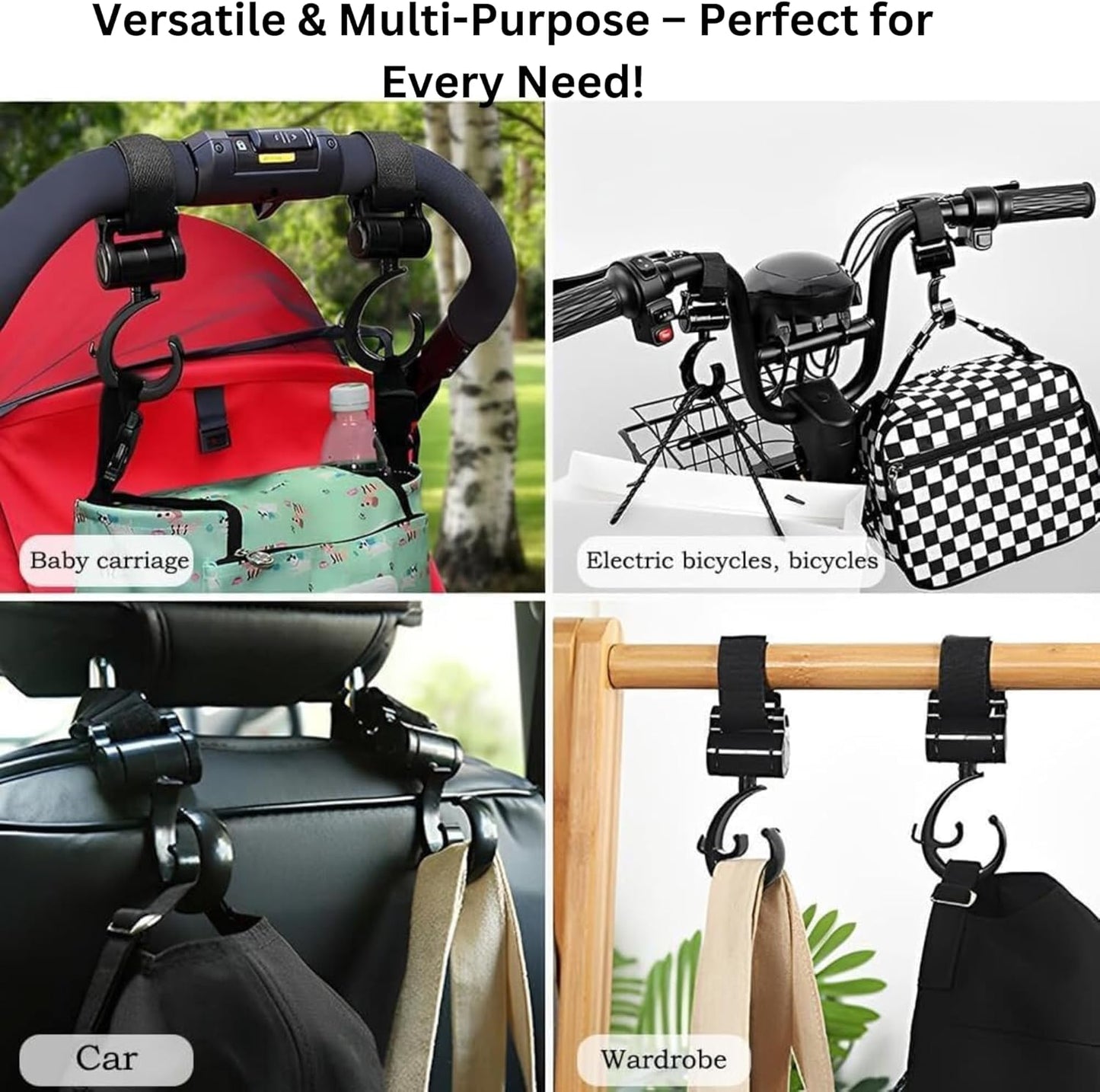 𝐁𝐮𝐳𝐲𝐁𝐞 Baby Stroller Hooks For Hanging Diaper Bags - 4 Pcs Heavy Duty 360° Rotatable Hooks for Shopping Bag, Purses, Clothing, Grocery and Accessories - 2 Premium Leather Hook + 2 Sturdy Metal
