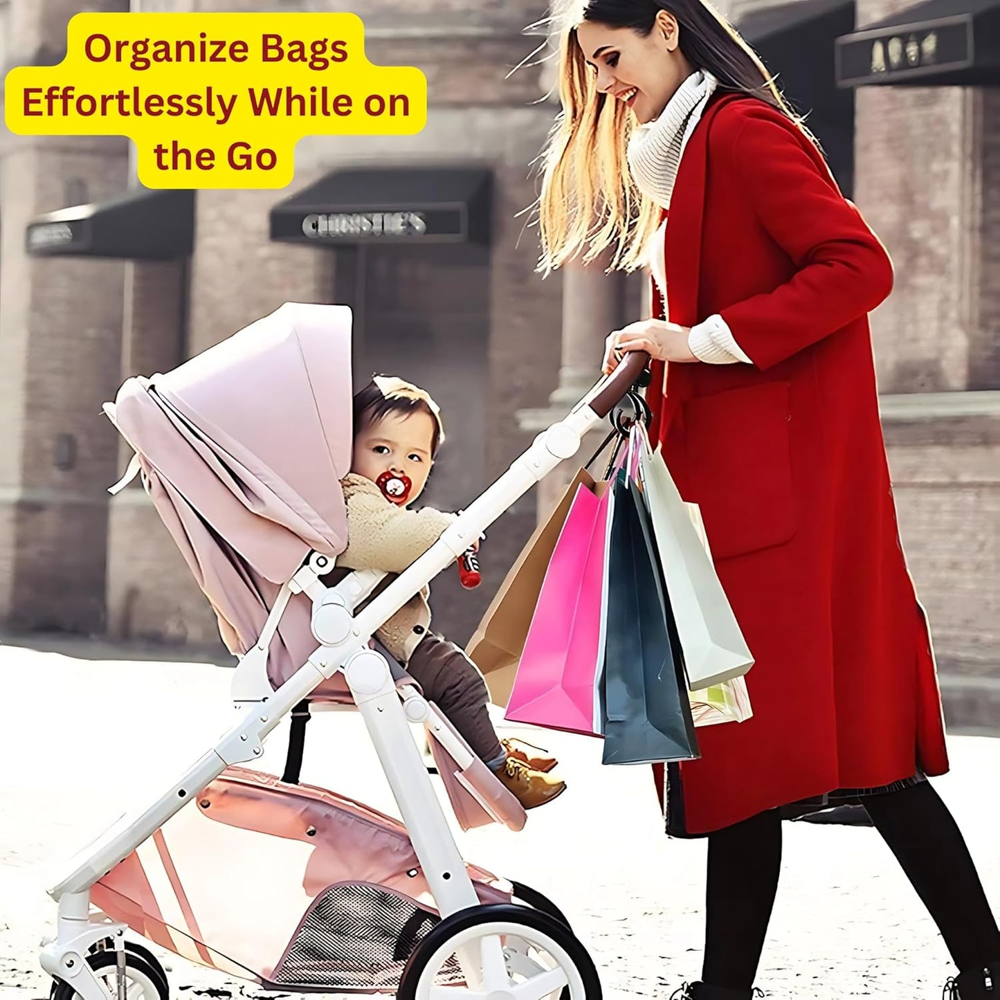 𝐁𝐮𝐳𝐲𝐁𝐞 Baby Stroller Hooks For Hanging Diaper Bags - 4 Pcs Heavy Duty 360° Rotatable Hooks for Shopping Bag, Purses, Clothing, Grocery and Accessories - 2 Premium Leather Hook + 2 Sturdy Metal