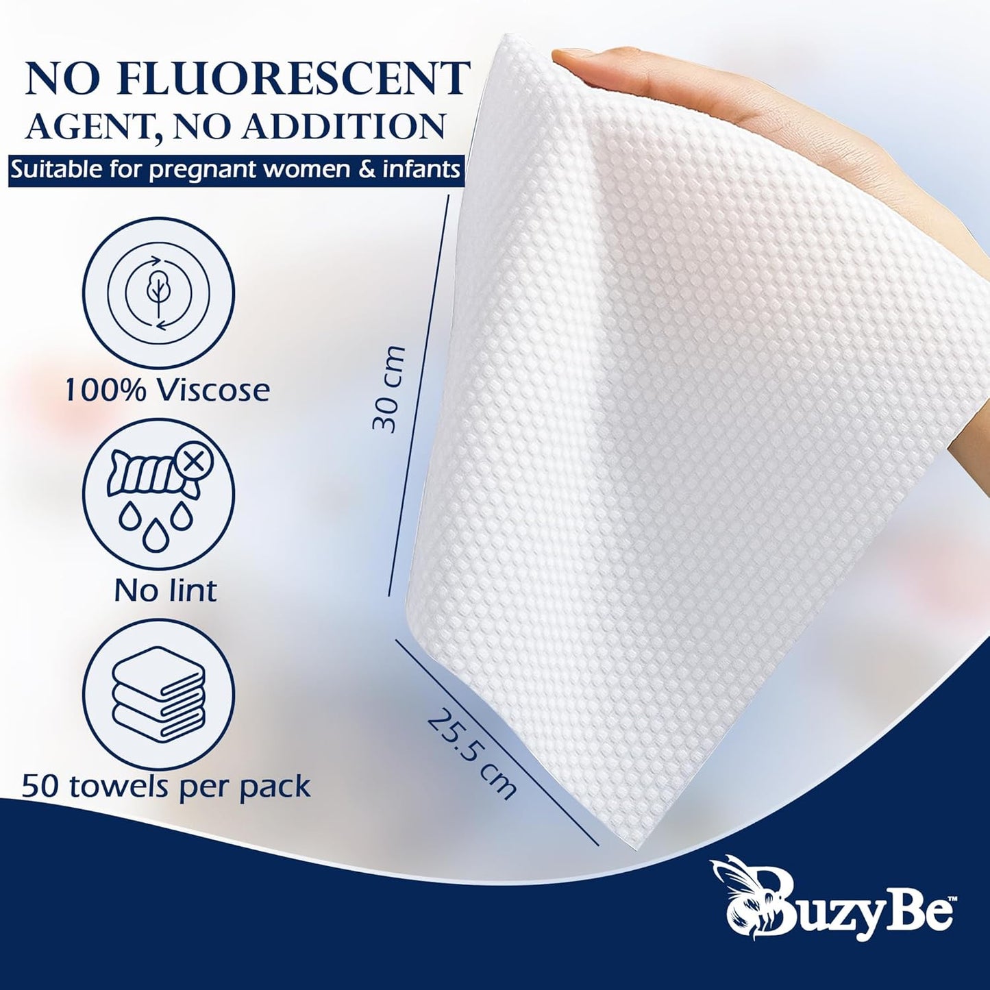 BuzyBe 50 Pcs Disposable Face Towels | 100% Biodegradable Dry Facial Wipes | Ultra Soft & Absorbent Cleansing Towels for Face & Hands | Makeup Removal & Travel Towels with Facial Sponge