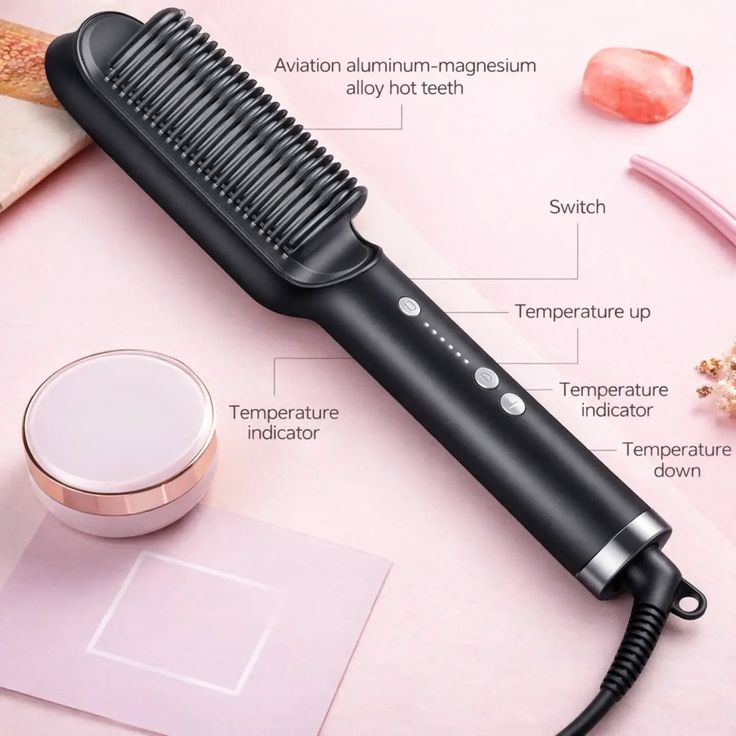 buzybe Hair Straight &amp; Curly Comb Brush – 5 Adjustable Heat Levels | 2-in-1 Hair Styling Brush buzybe