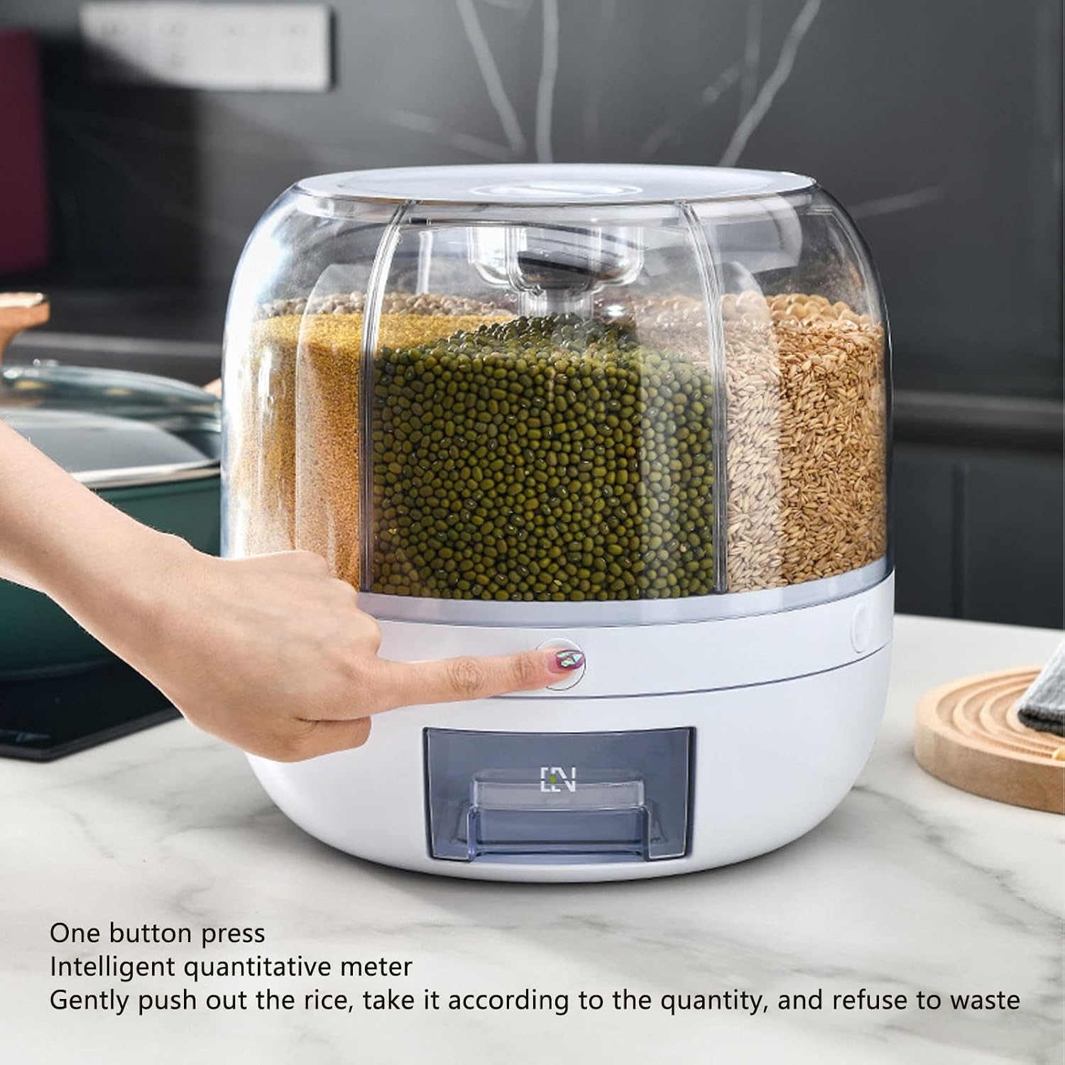 BuzyBe Wall-Mounted 6-Grid Dry Food Dispenser, 360° Rotating Grain & Cereal Storage Container with One-Press Portion Control, Clear Sealed Food Organizer for Rice, Grains, Snacks & Coffee BuzyBe