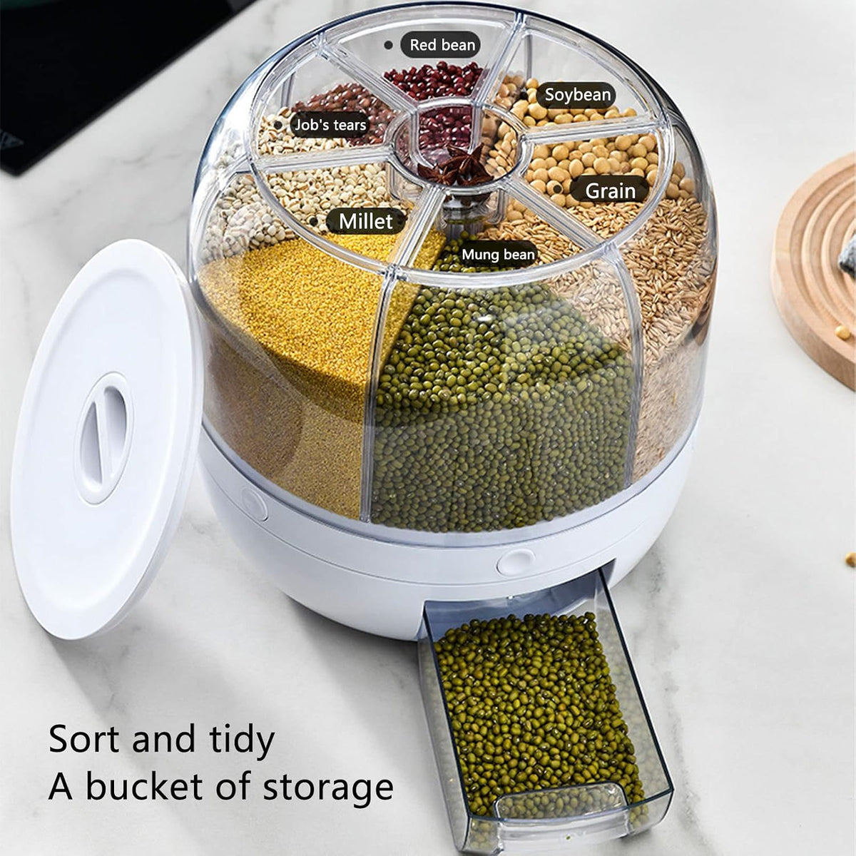 BuzyBe Wall-Mounted 6-Grid Dry Food Dispenser, 360° Rotating Grain & Cereal Storage Container with One-Press Portion Control, Clear Sealed Food Organizer for Rice, Grains, Snacks & Coffee BuzyBe