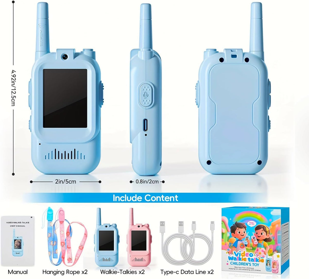 BuzyBe Kids Video Walkie Talkie 2 Pack – Rechargeable LCD Screen Video Intercom with Camera, Long-Range Two-Way Radio Toy for Boys & Girls