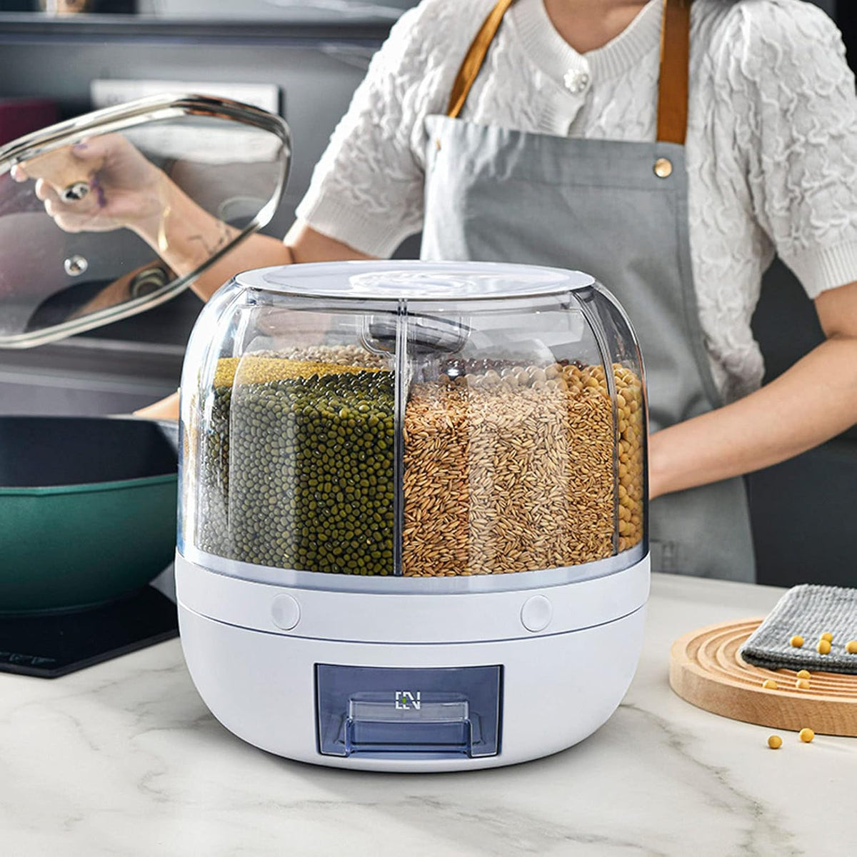 BuzyBe Wall-Mounted 6-Grid Dry Food Dispenser, 360° Rotating Grain & Cereal Storage Container with One-Press Portion Control, Clear Sealed Food Organizer for Rice, Grains, Snacks & Coffee BuzyBe