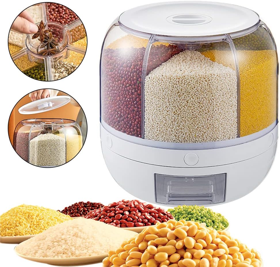 BuzyBe Wall-Mounted 6-Grid Dry Food Dispenser, 360° Rotating Grain & Cereal Storage Container with One-Press Portion Control, Clear Sealed Food Organizer for Rice, Grains, Snacks & Coffee BuzyBe