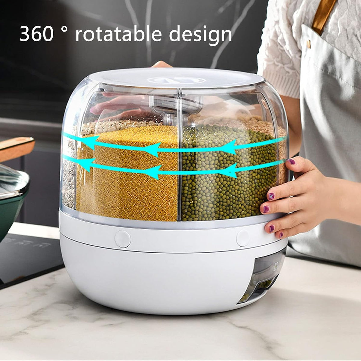 BuzyBe Wall-Mounted 6-Grid Dry Food Dispenser, 360° Rotating Grain & Cereal Storage Container with One-Press Portion Control, Clear Sealed Food Organizer for Rice, Grains, Snacks & Coffee BuzyBe
