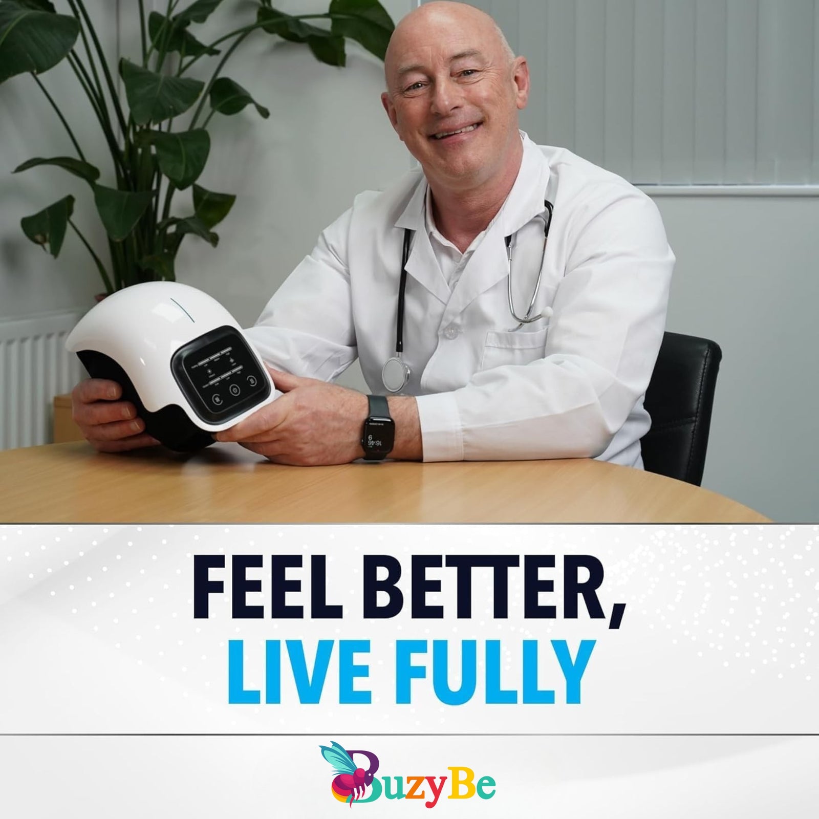 BuzyBe Portable Knee Massager with Heat & Vibration | Wireless Knee Pain Relief Device | Rechargeable Heated Knee Brace | 3 Heat & Massage Modes | 2000mAh Battery | for Men, Women & Seniors BuzyBe